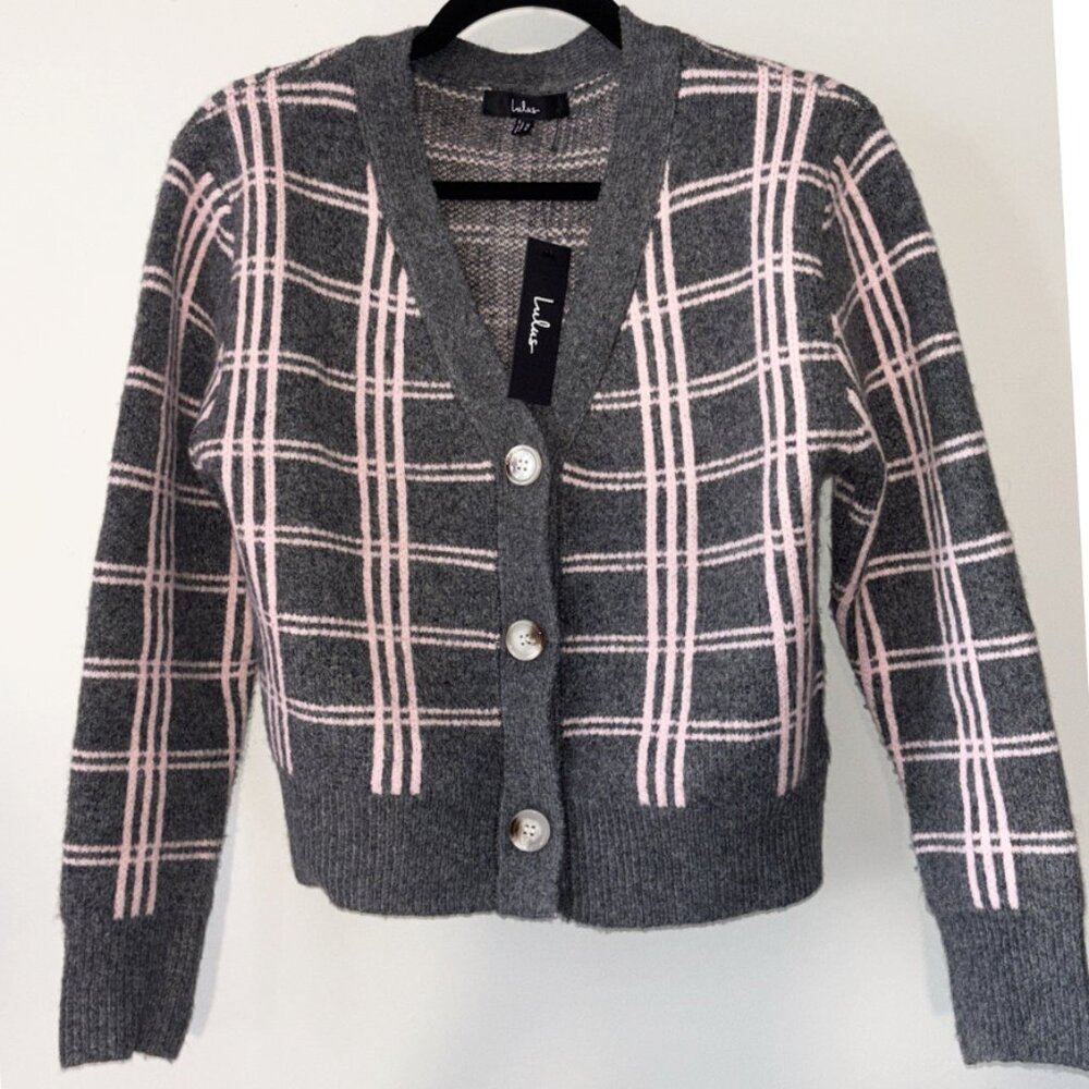 NWT • Lulus • Charcoal Grey and Pink Plaid Cardigan - Picture 4 of 10